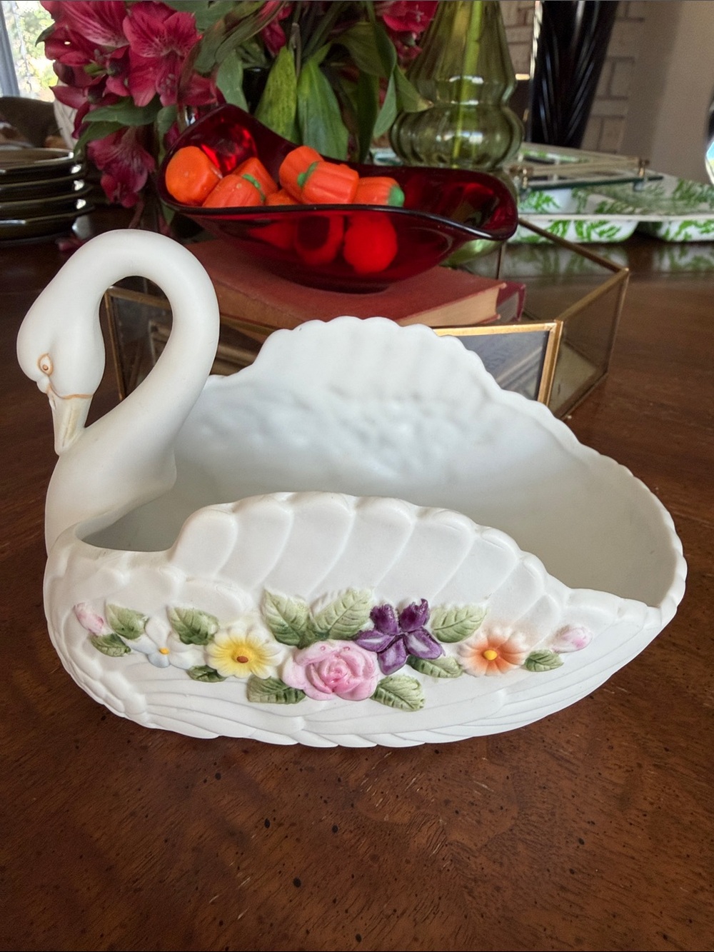 White Porcelain Swan trinket dish with Floral Detail